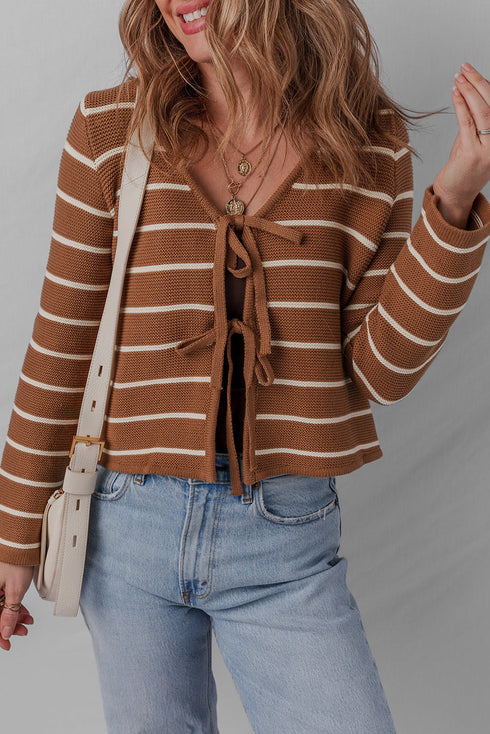 Striped Knit Tie Front V Neck Cardigan